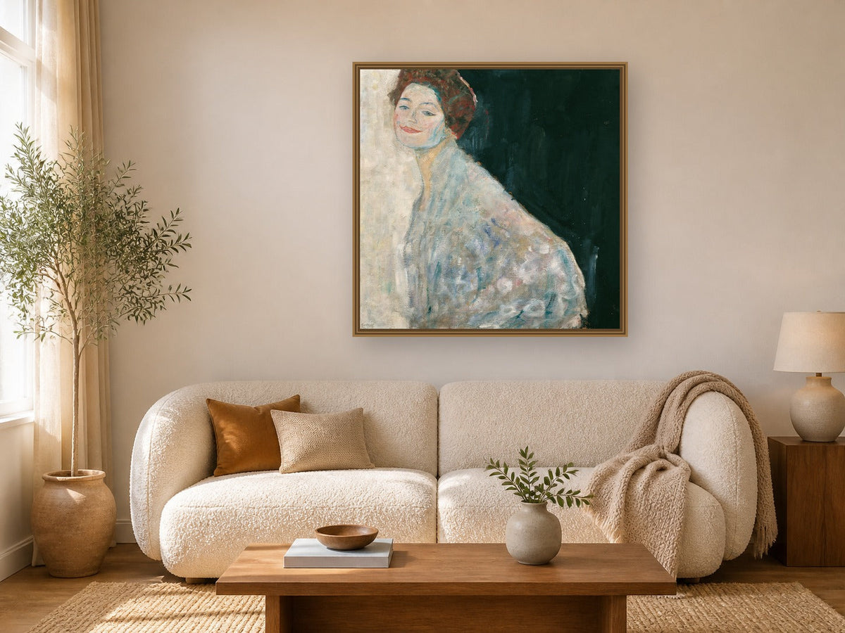 Dame in Weib by Gustav Klimt framed wall art print in a living room