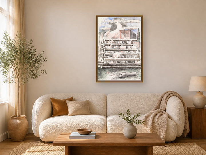 Design for Urne Buriall–Funeral Pyre (1932) by Paul Nash framed wall art print in a living room