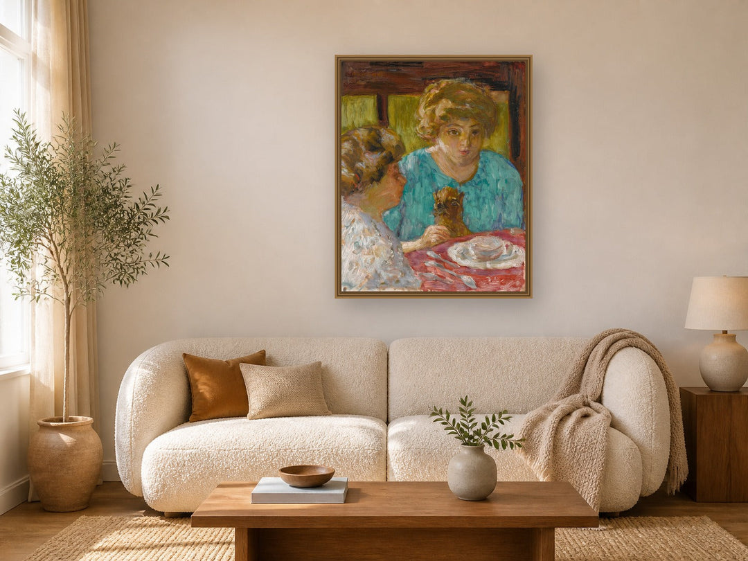 Deux Dames Avec Chat À Table by Pierre Bonnard framed wall art print in a living room