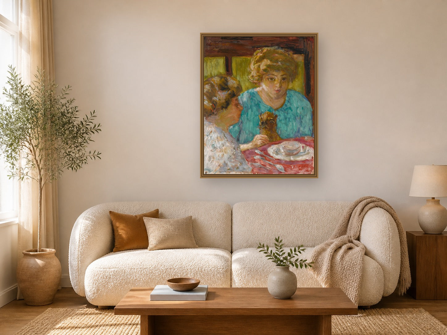 Deux Dames Avec Chat À Table by Pierre Bonnard framed wall art print in a living room