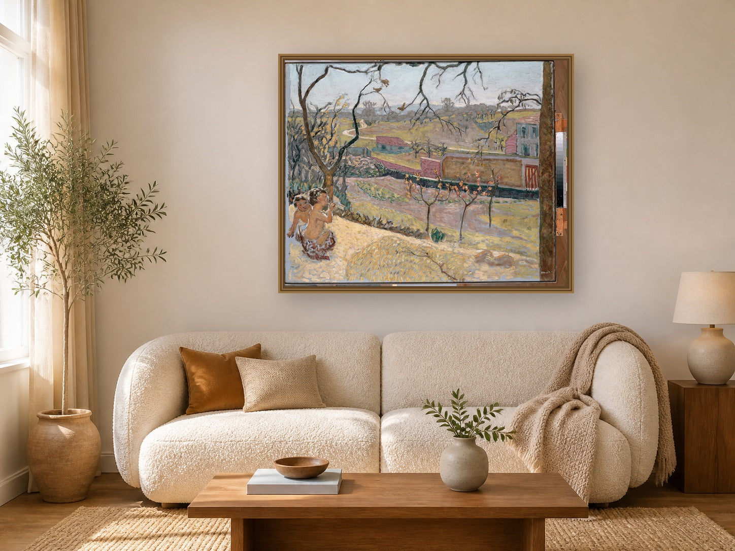 Early Spring. Little Fauns by Pierre Bonnard framed wall art print in a living room