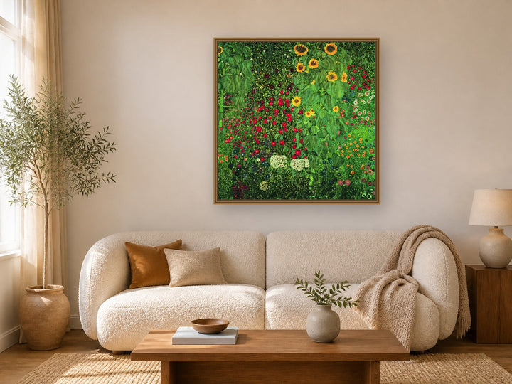 Farm garden with sunflowers by Gustav Klimt framed wall art print in a living room