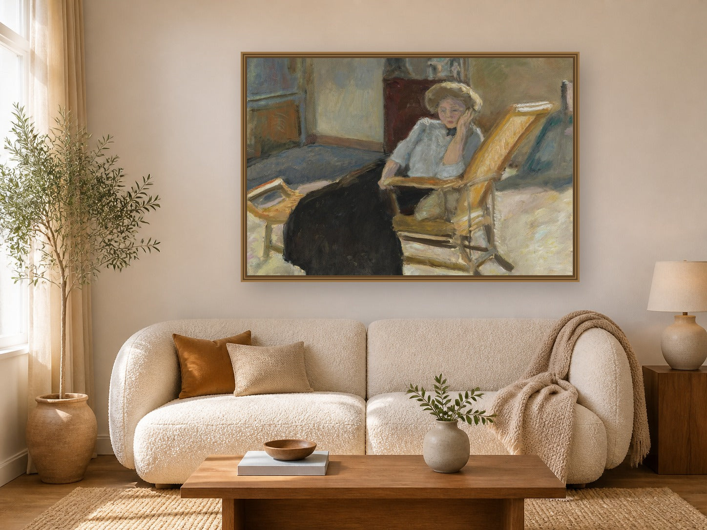 Femme Assise by Pierre Bonnard framed wall art print in a living room