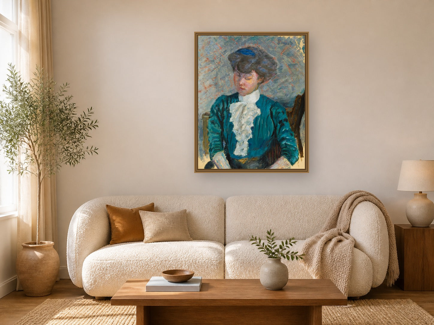 Femme Au Jabot Rose by Pierre Bonnard framed wall art print in a living room