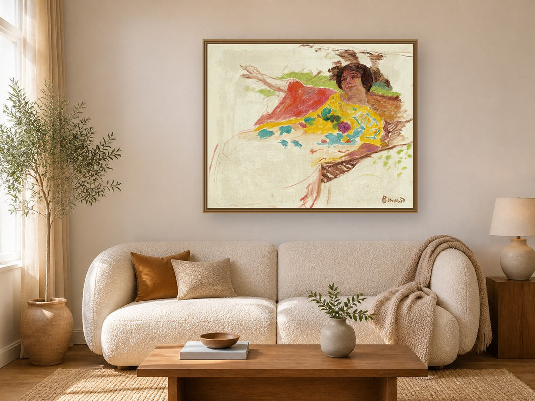 Femme Au Peignoir Dans Un Hamac by Pierre Bonnard framed wall art print in a living room