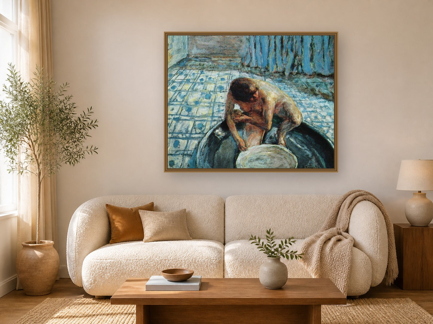 Femme au Tub by Pierre Bonnard framed wall art print in a living room