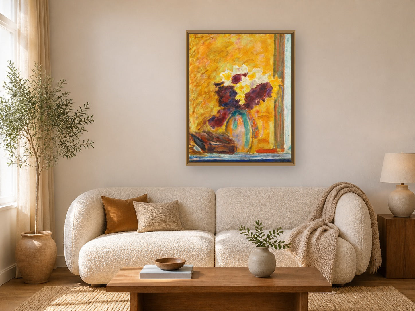 Fleurs Au Pichet Vert by Pierre Bonnard framed wall art print in a living room