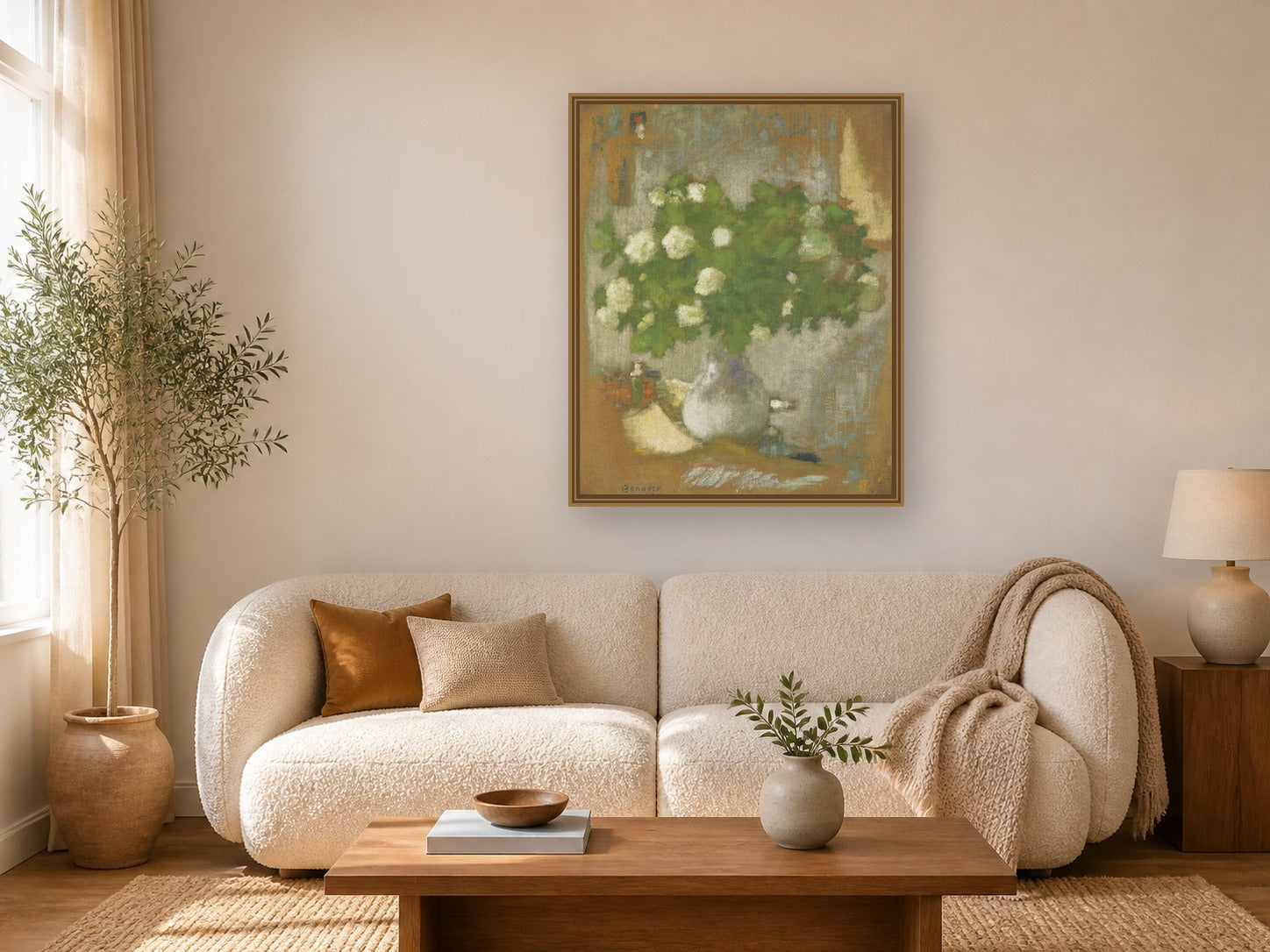 Fleurs, Boules De Neige by Pierre Bonnard framed wall art print in a living room
