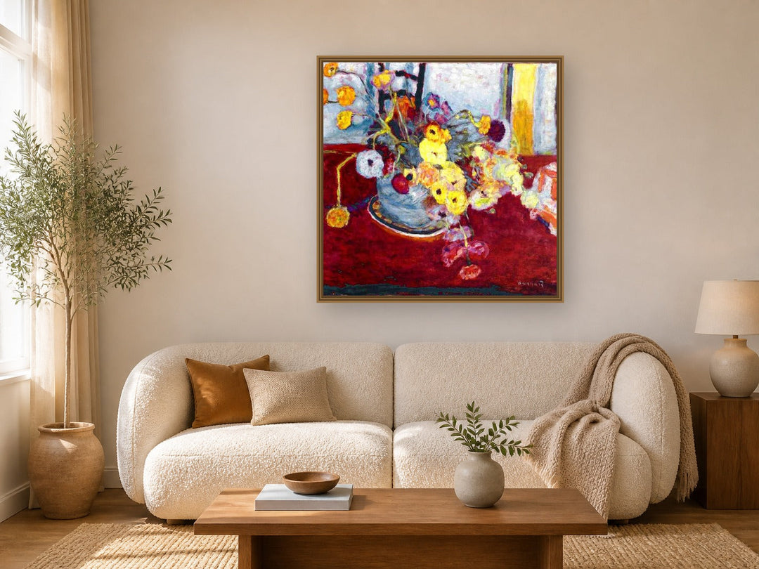 Flowers On A Red Carpet by Pierre Bonnard framed wall art print in a living room
