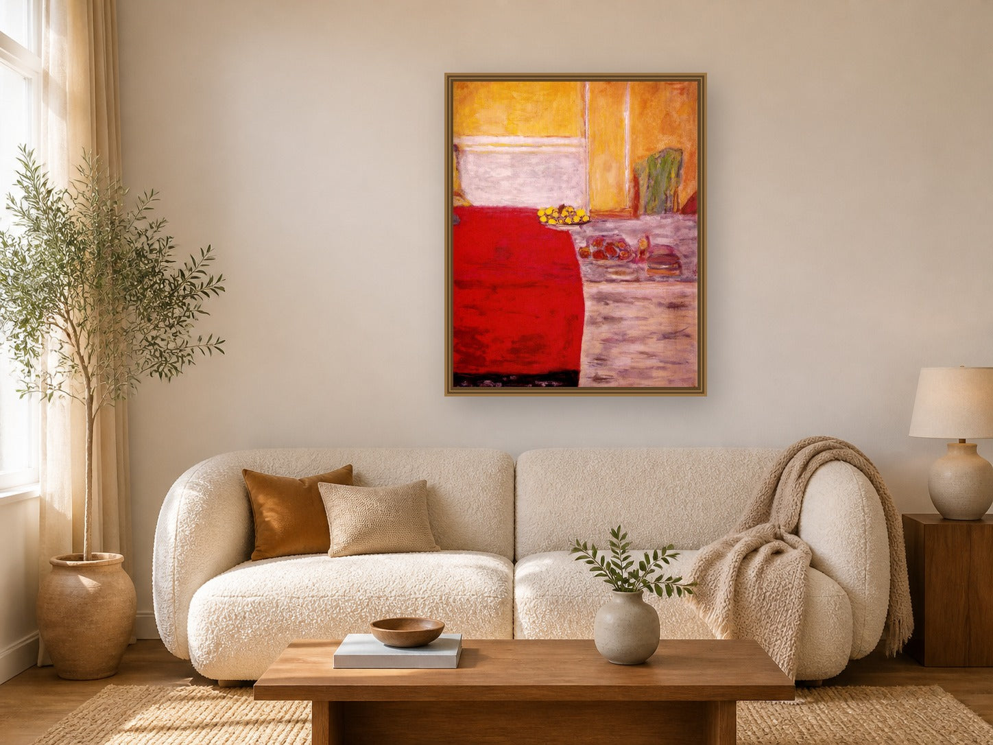 Fruit On The Red Carpet by Pierre Bonnard framed wall art print in a living room