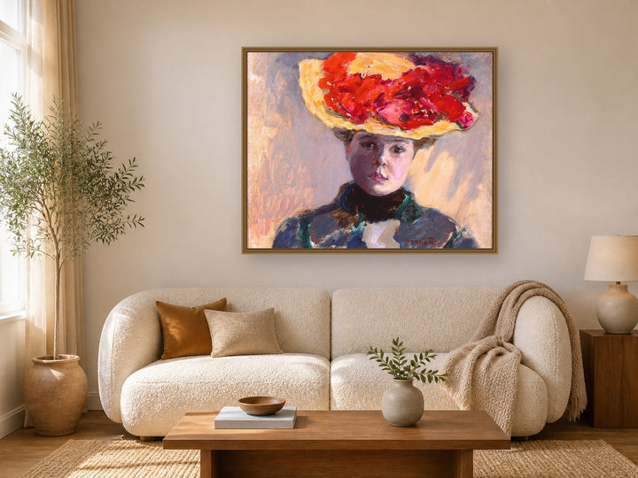Girl in Straw Hat by Pierre Bonnard framed wall art print in a living room