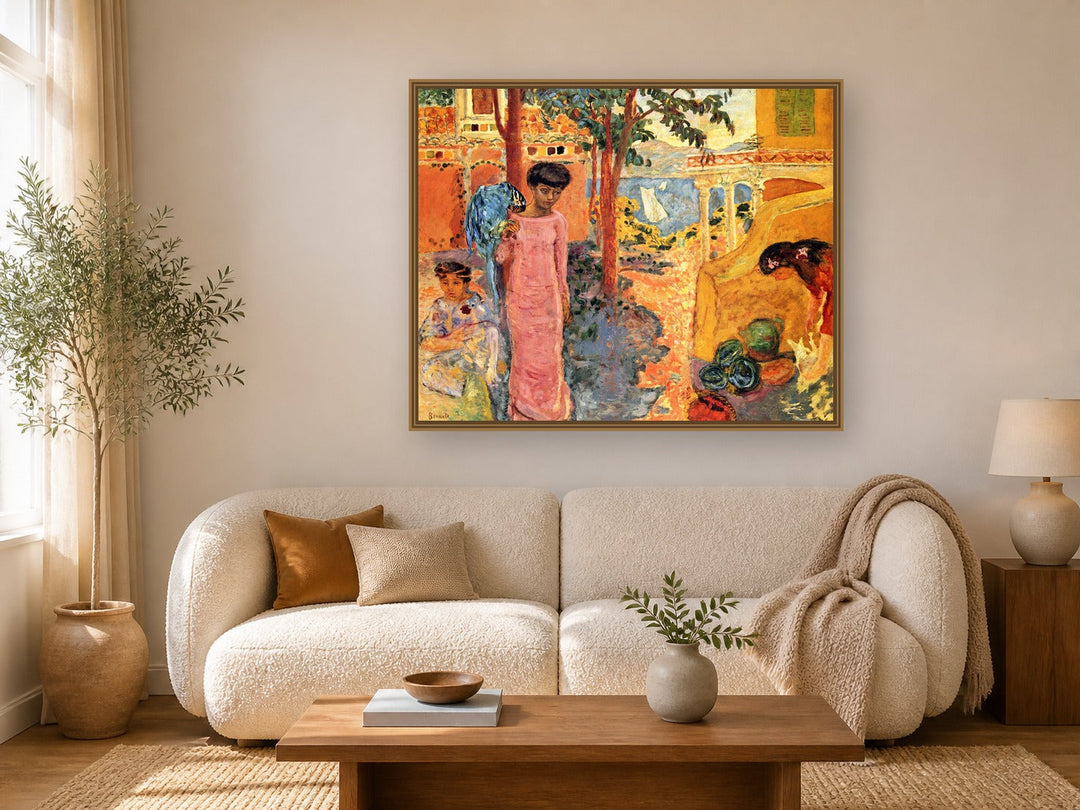 Girl With Parrot by Pierre Bonnard framed wall art print in a living room