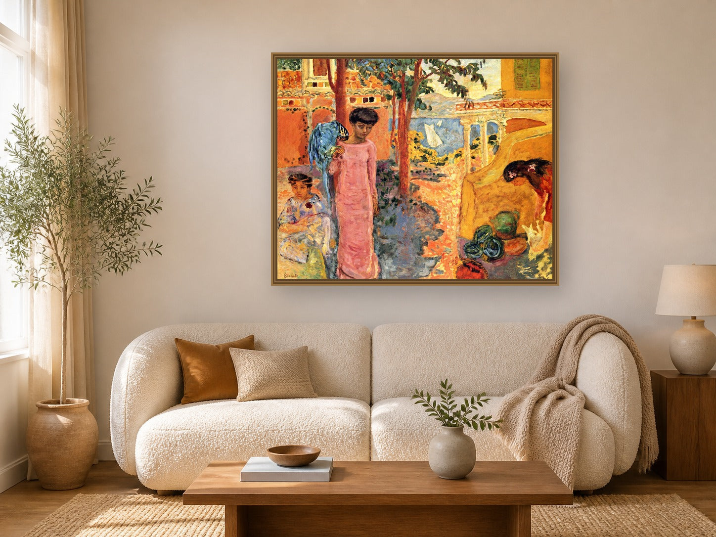 Girl With Parrot by Pierre Bonnard framed wall art print in a living room