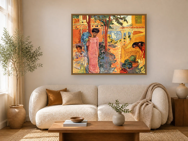 Girl With Parrot by Pierre Bonnard framed wall art print in a living room