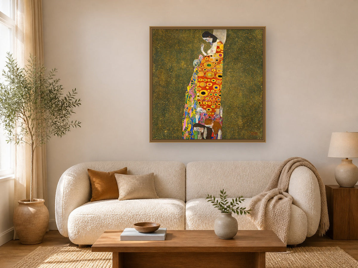 Hope II by Gustav Klimt framed wall art print in a living room