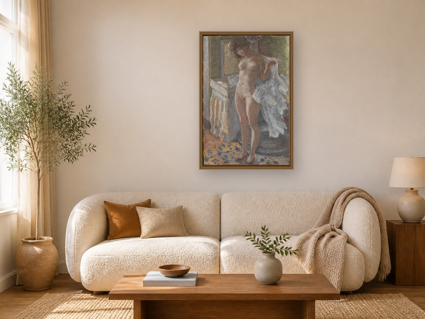 In the Bathroom by Pierre Bonnard framed wall art print in a living room