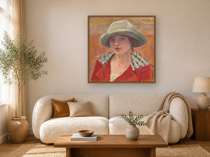 Jeune Femme Au Chapeau Blanc by Pierre Bonnard framed wall art print in a living room