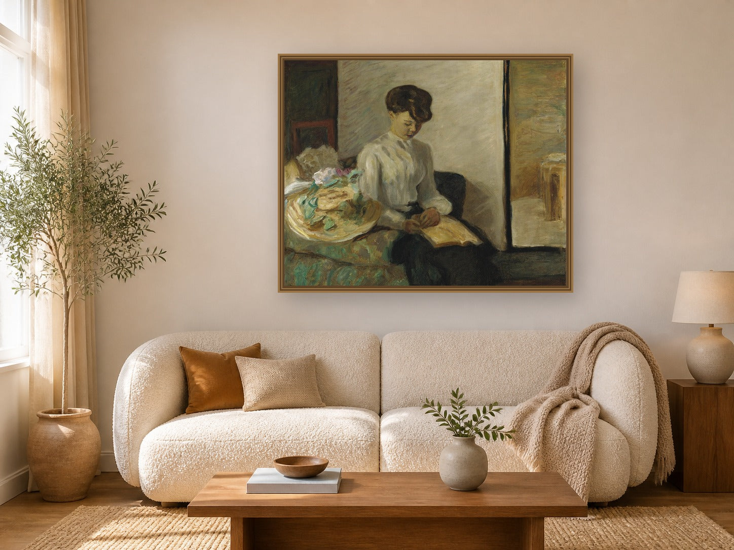 Jeune Femme Lisant, Chapeau, Fleurs by Pierre Bonnard framed wall art print in a living room