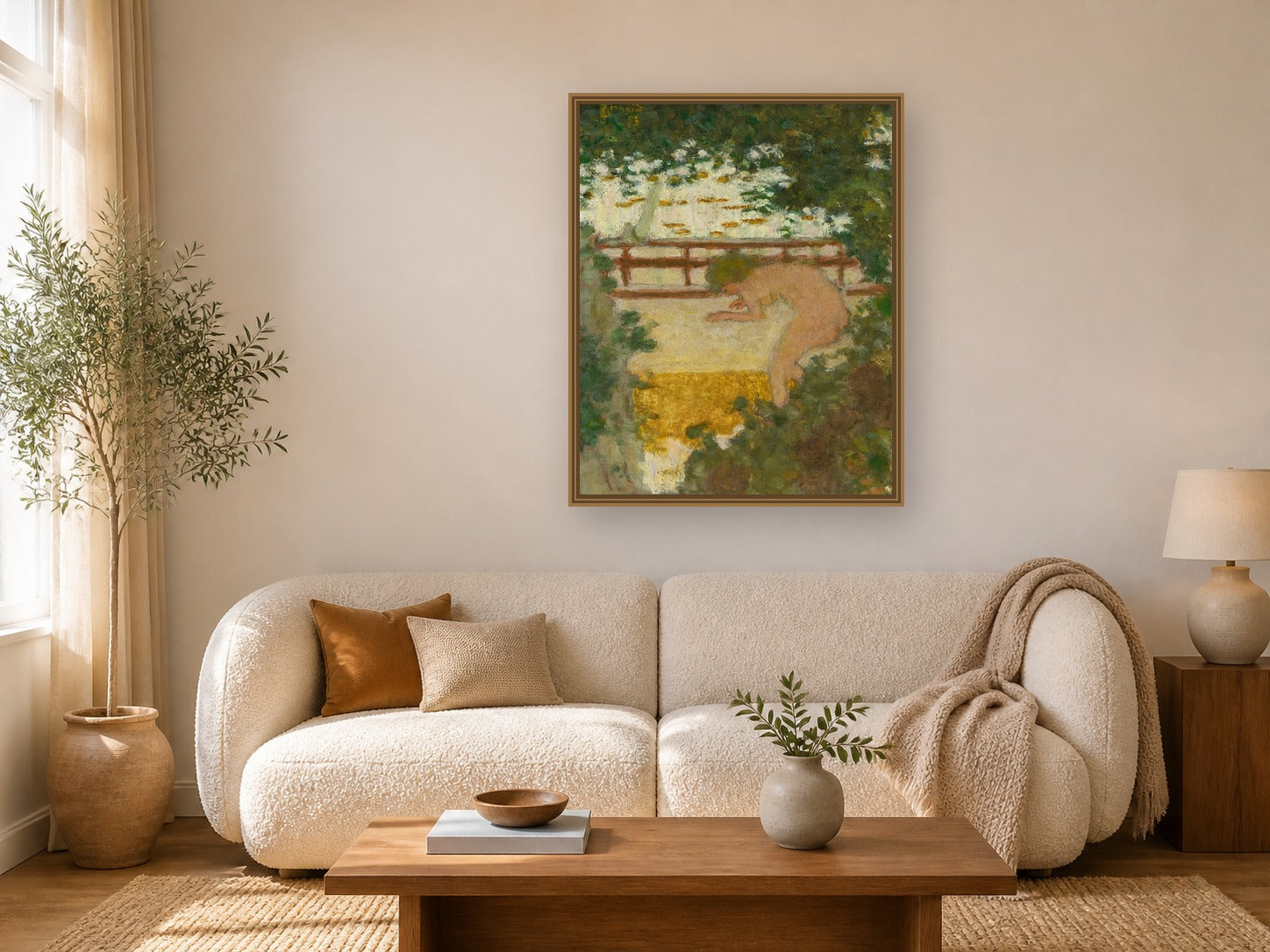 La Baignade by Pierre Bonnard framed wall art print in a living room