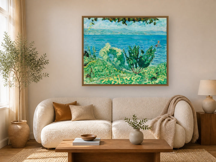 Marine Saint Tropez Ou Les Arbres Et La Mer by Pierre Bonnard framed wall art print in a living room