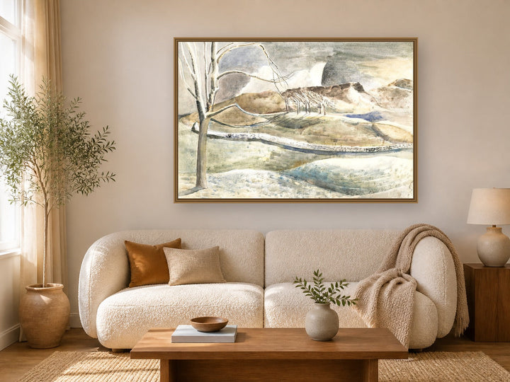 Moonrise over Cleeve Hill by Paul Nash framed wall art print in a living room