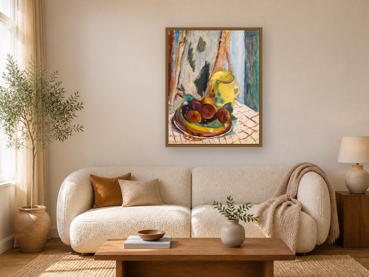 Nature Morte Aux Pêches Et Au Pot Jaune by Pierre Bonnard framed wall art print in a living room