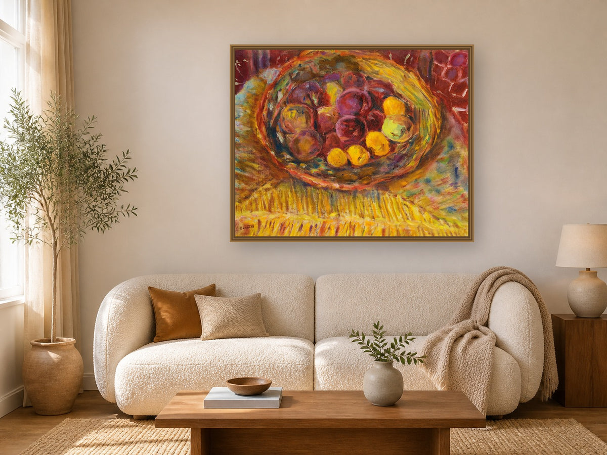 Pêches Dans Une Assiette Sur Une Chaise by Pierre Bonnard framed wall art print in a living room