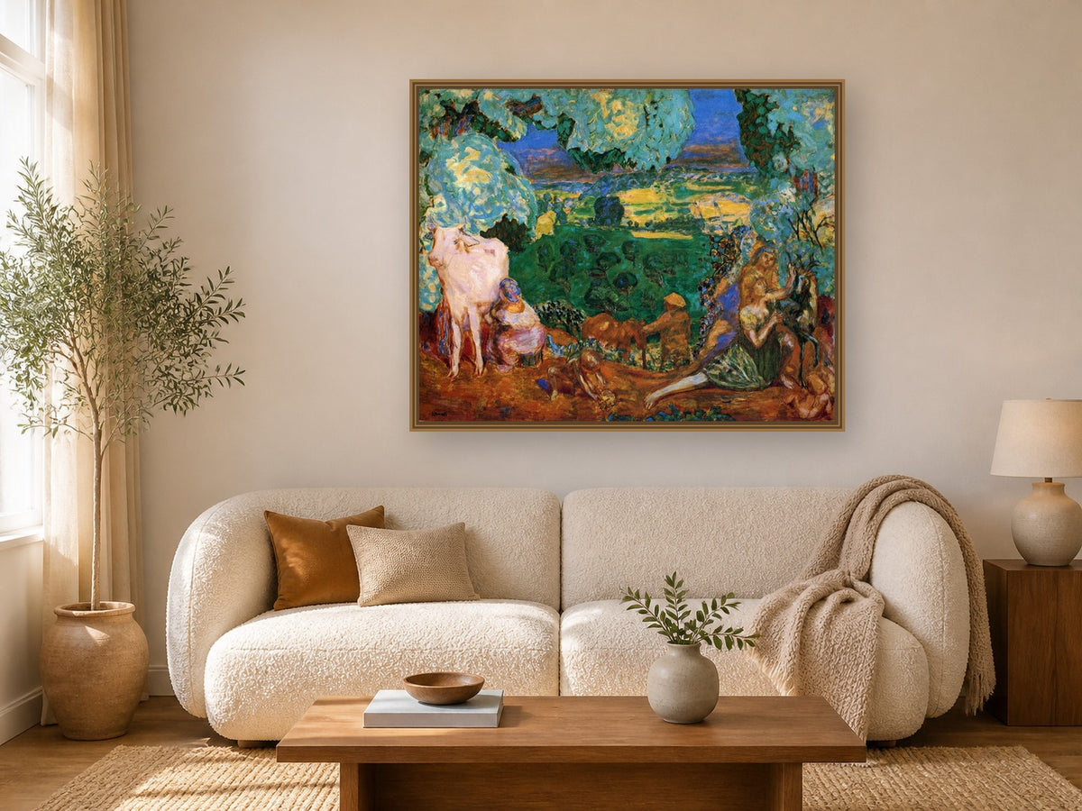 Pastoral Symphony by Pierre Bonnard framed wall art print in a living room