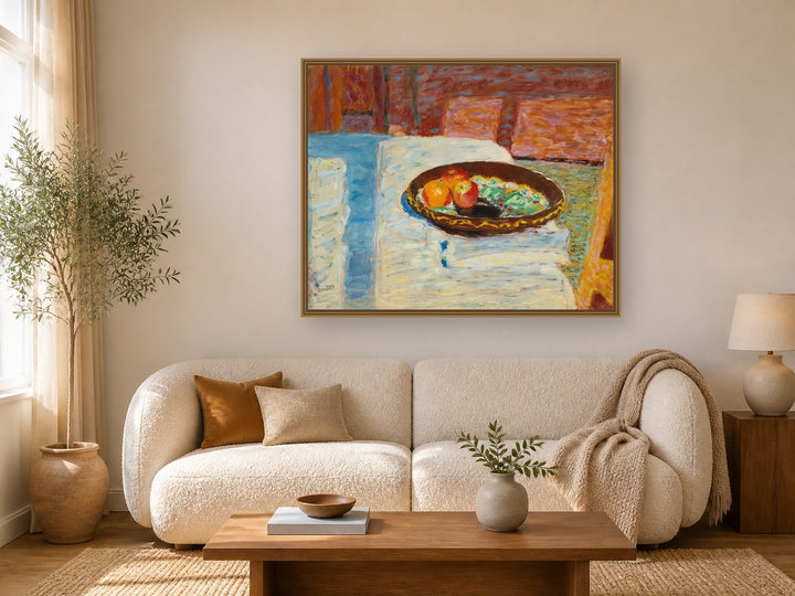 Pommes Dans Un Plat Sur Une Nappe by Pierre Bonnard framed wall art print in a living room