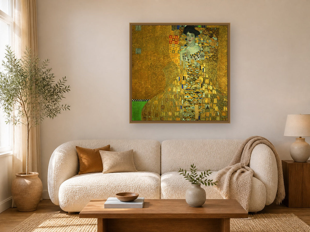 Portrait of Adele Bloch-Bauer I by Gustav Klimt framed wall art print in a living room