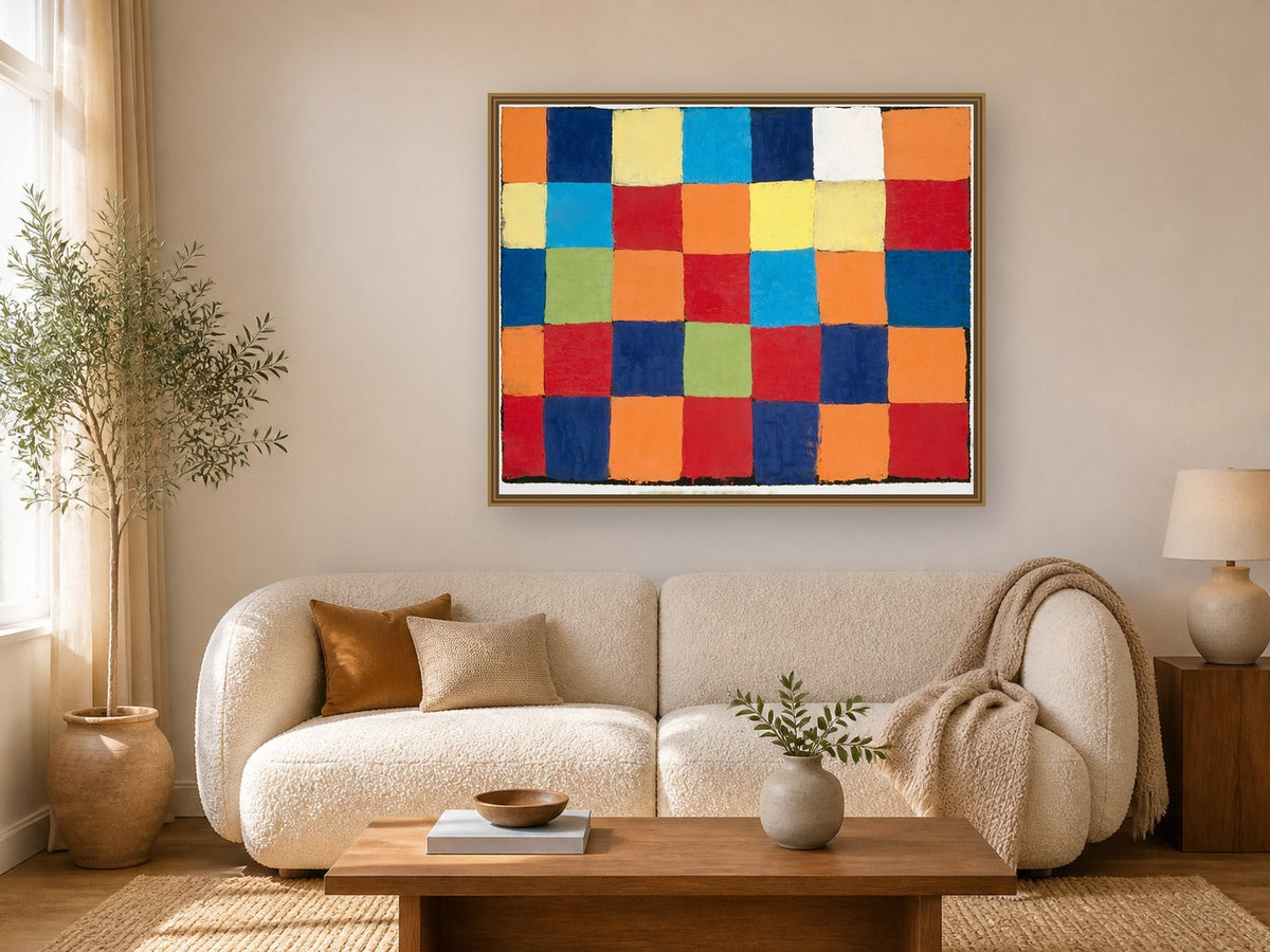 "Qu 1" color chart (1930) by Paul Klee framed wall art print in a living room