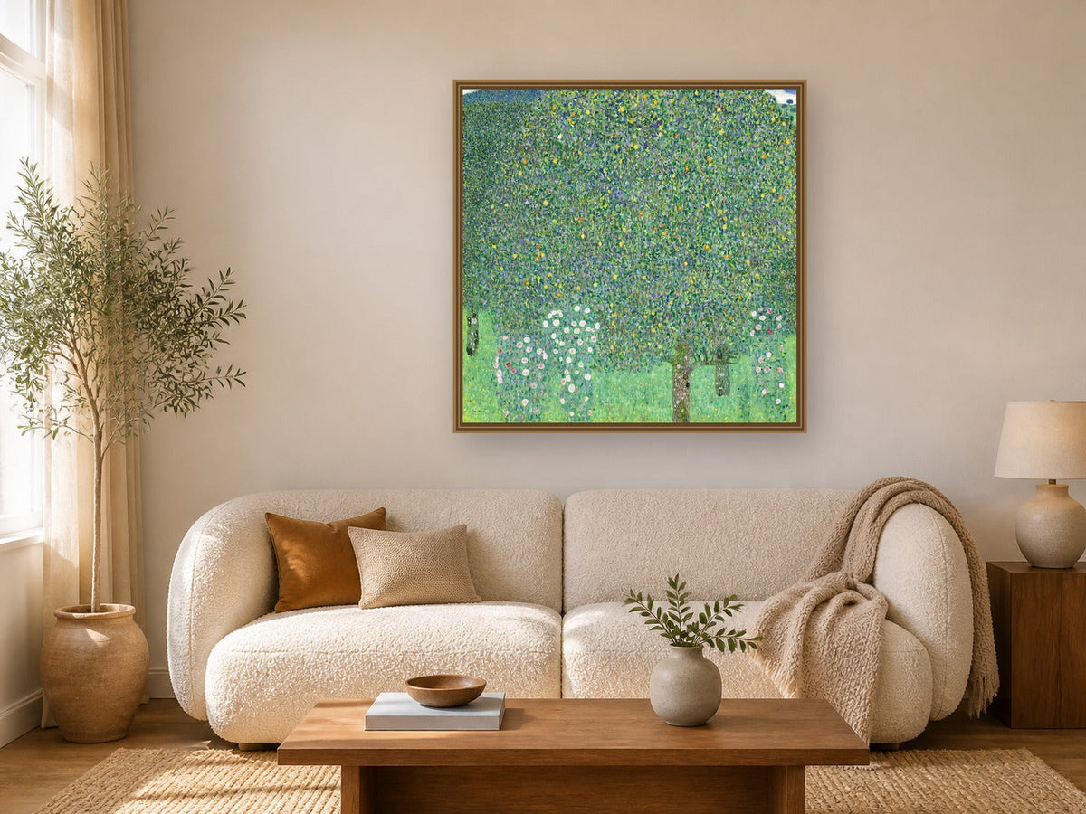 Rosebushes under the Trees by Gustav Klimt framed wall art print in a living room