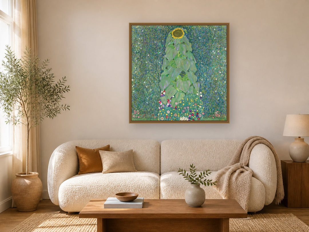 Sonnenblume by Gustav Klimt framed wall art print in a living room