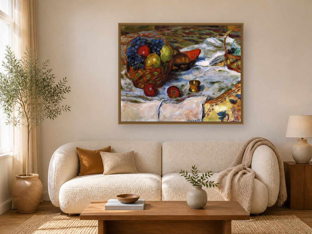 Still Life With Earthenware Dish by Pierre Bonnard framed wall art print in a living room