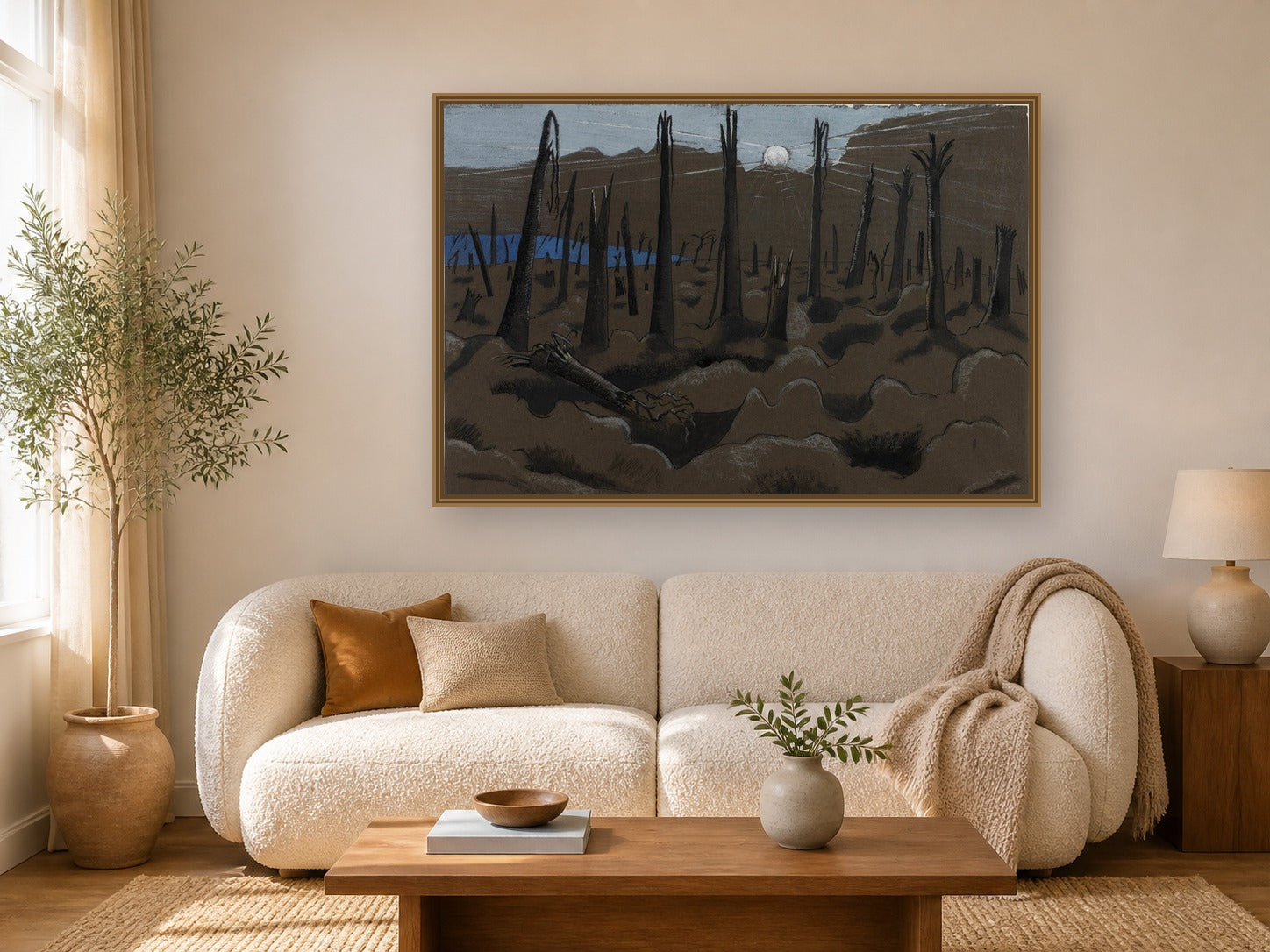 Sunrise, Inverness Copse by Paul Nash framed wall art print in a living room