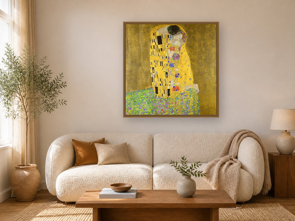 The Kiss by Gustav Klimt framed wall art print in a living room