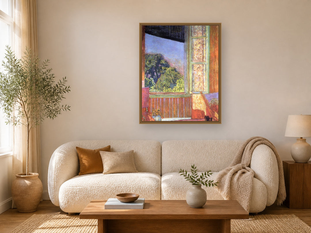 The Open Window by Pierre Bonnard framed wall art print in a living room
