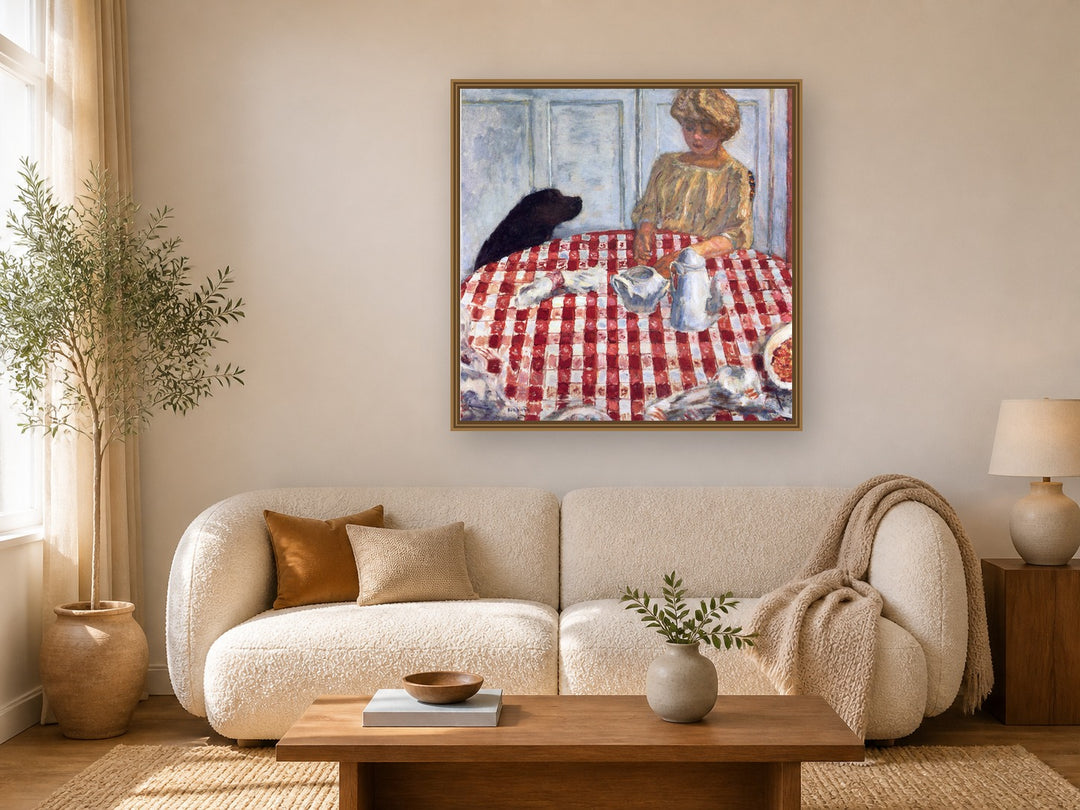 The Red Checkered Tablecloth by Pierre Bonnard framed wall art print in a living room