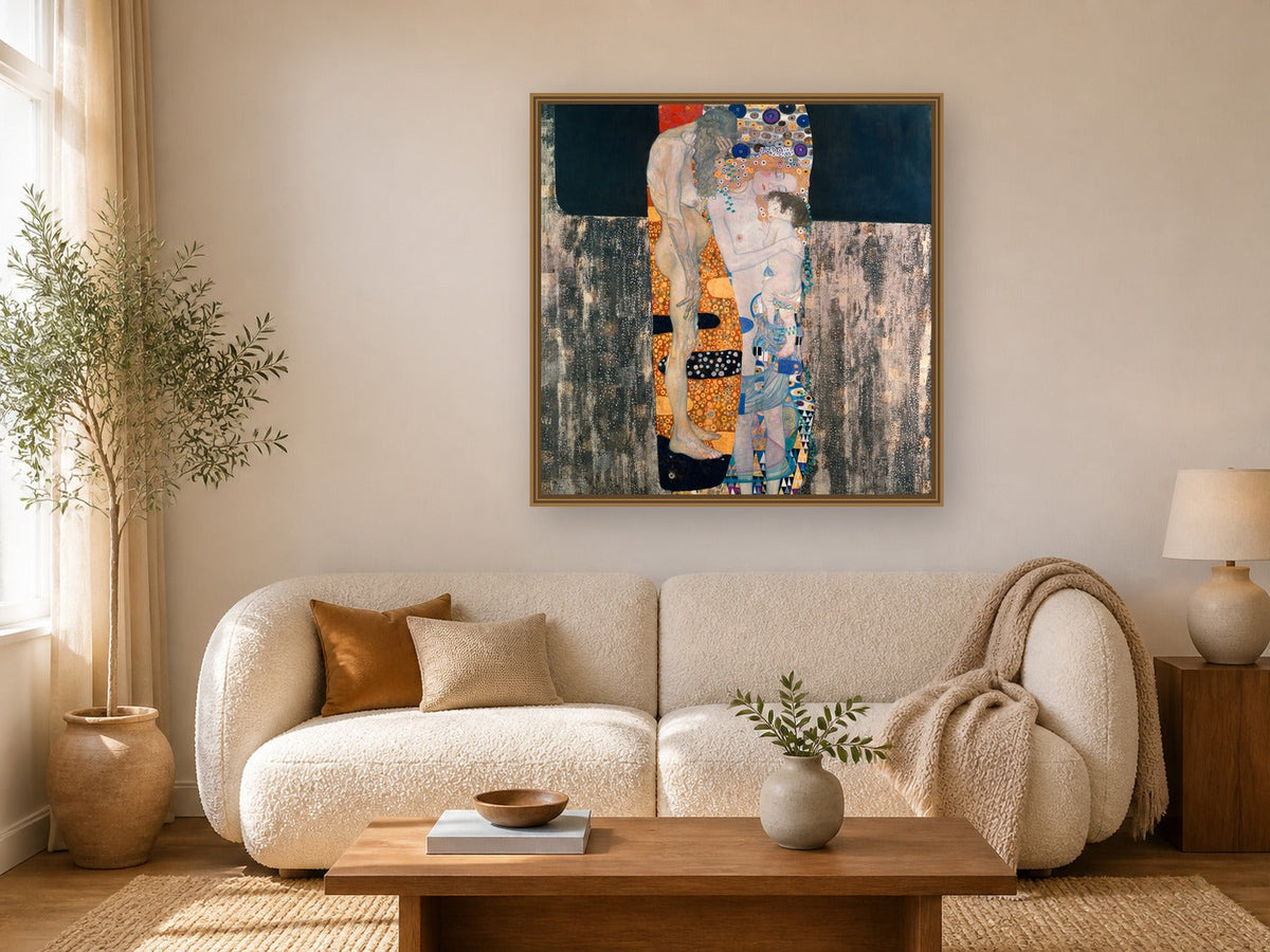 The Three Ages of Woman by Gustav Klimt framed wall art print in a living room
