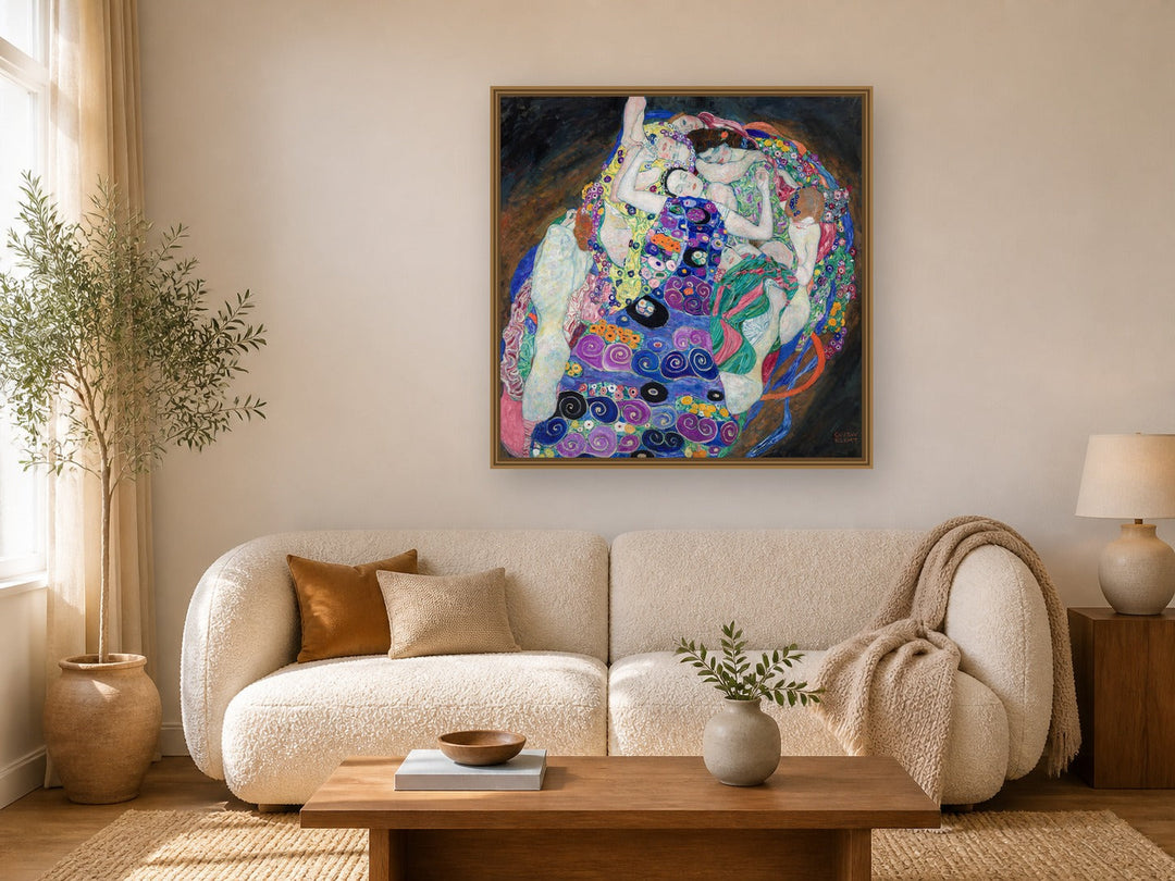 The Virgin by Gustav Klimt framed wall art print in a living room