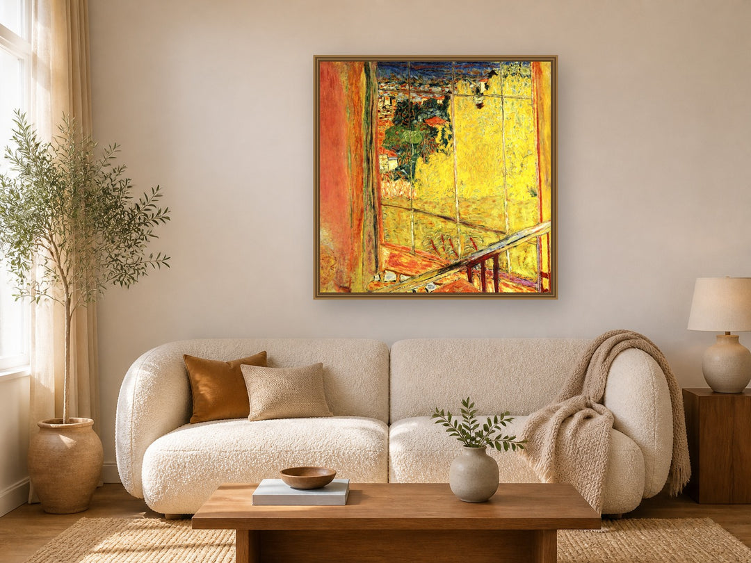 The Workshop With Mimosa by Pierre Bonnard framed wall art print in a living room