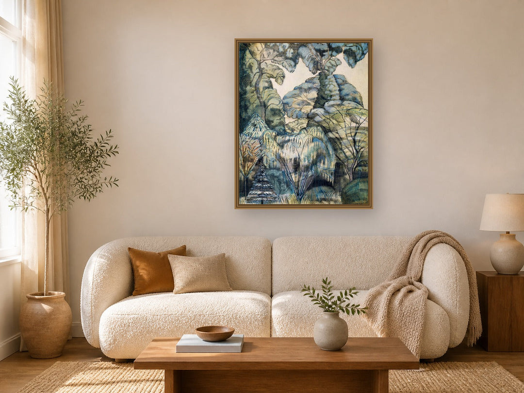 Trees in Bird Garden, Iver Heath by Paul Nash framed wall art print in a living room