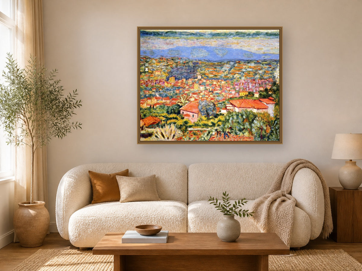 View Of Le Cannet Roofs by Pierre Bonnard framed wall art print in a living room