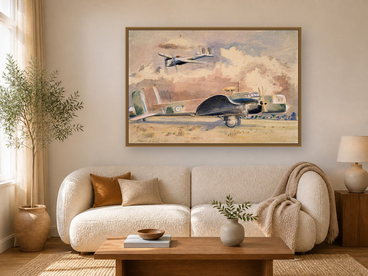 Whitley Bombers Sunning by Paul Nash framed wall art print in a living room