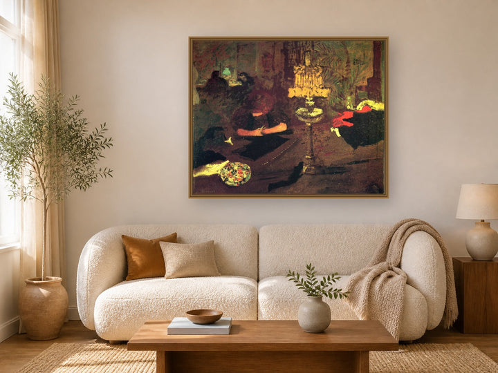 Young Woman Near Lamp by Pierre Bonnard framed wall art print in a living room