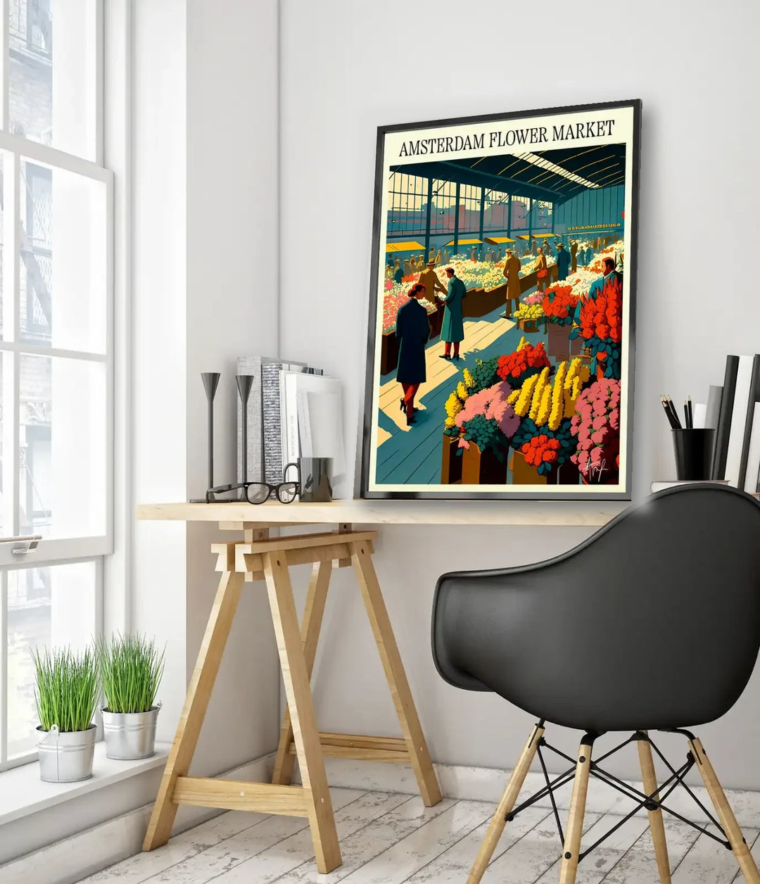 Amsterdam Flower Market Holland framed wall mockup in a bright workspace