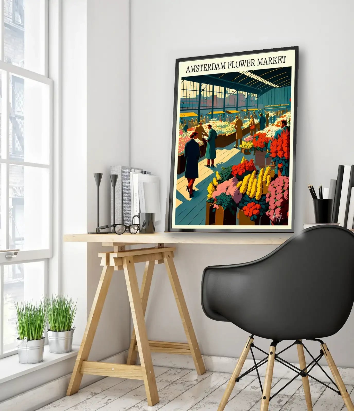 Amsterdam Flower Market Holland framed wall mockup in a bright workspace