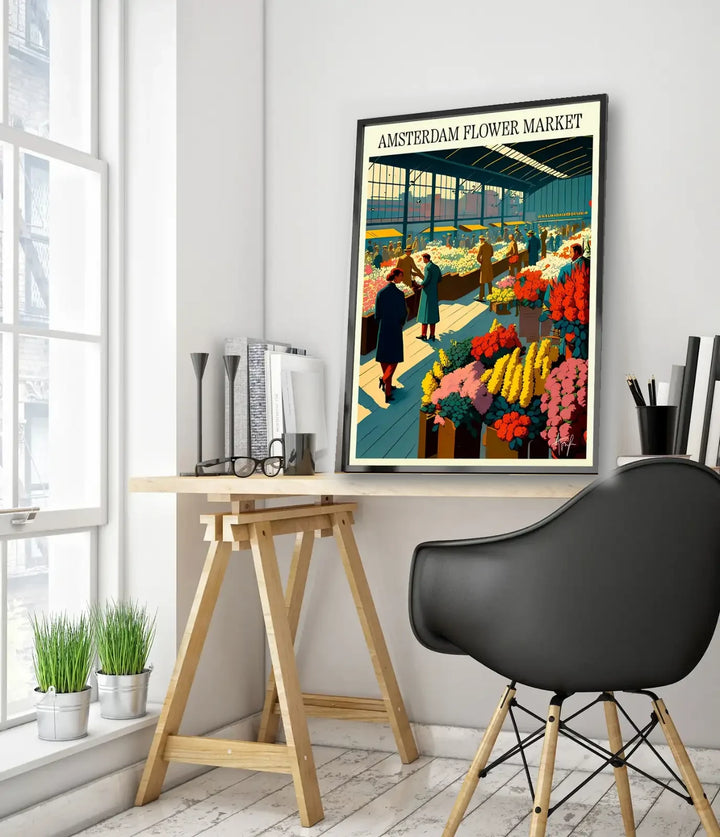 Amsterdam Flower Market Holland framed wall mockup in a bright workspace