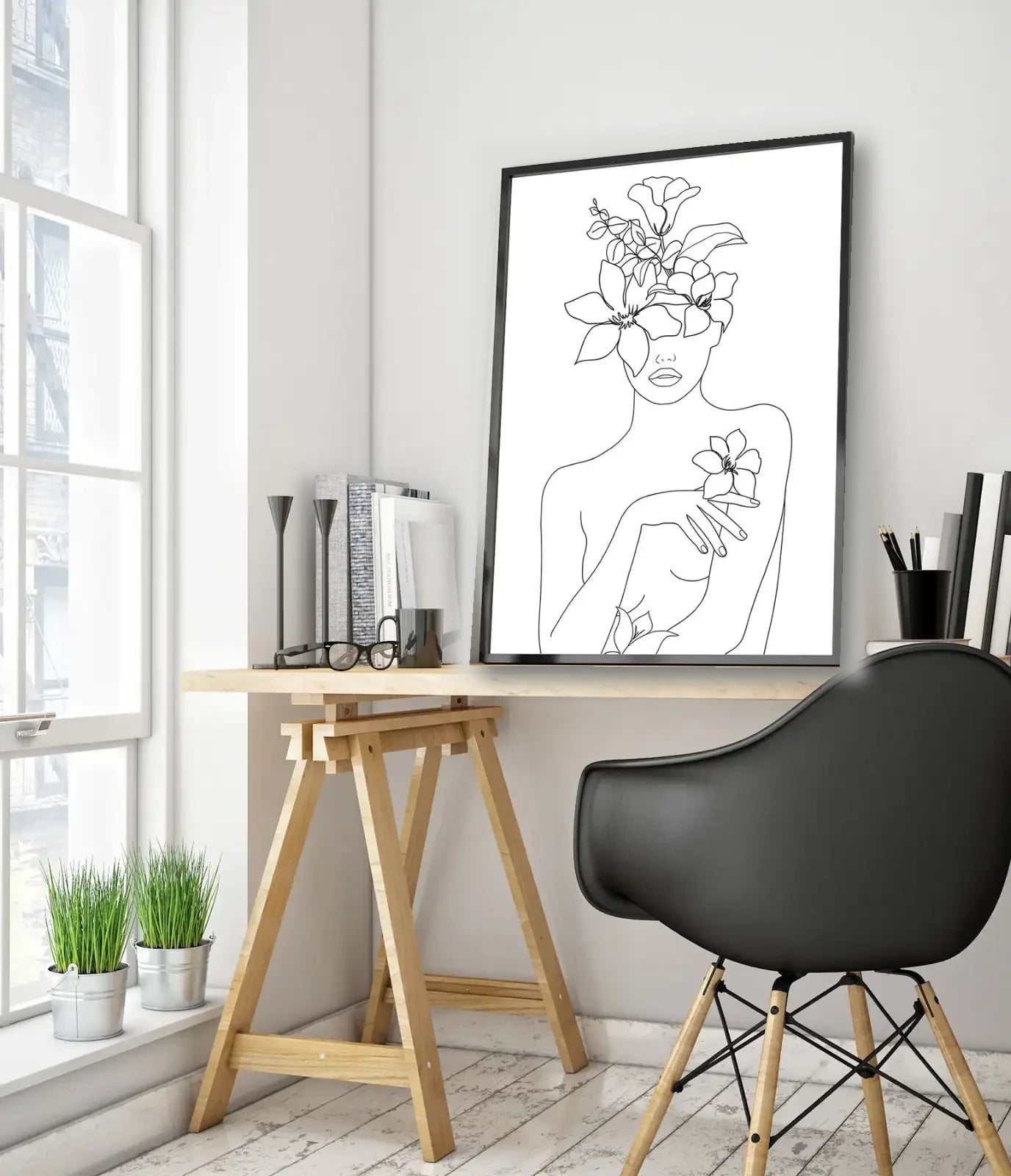 Floral Beauty Line Art framed wall mockup in a bright workspace