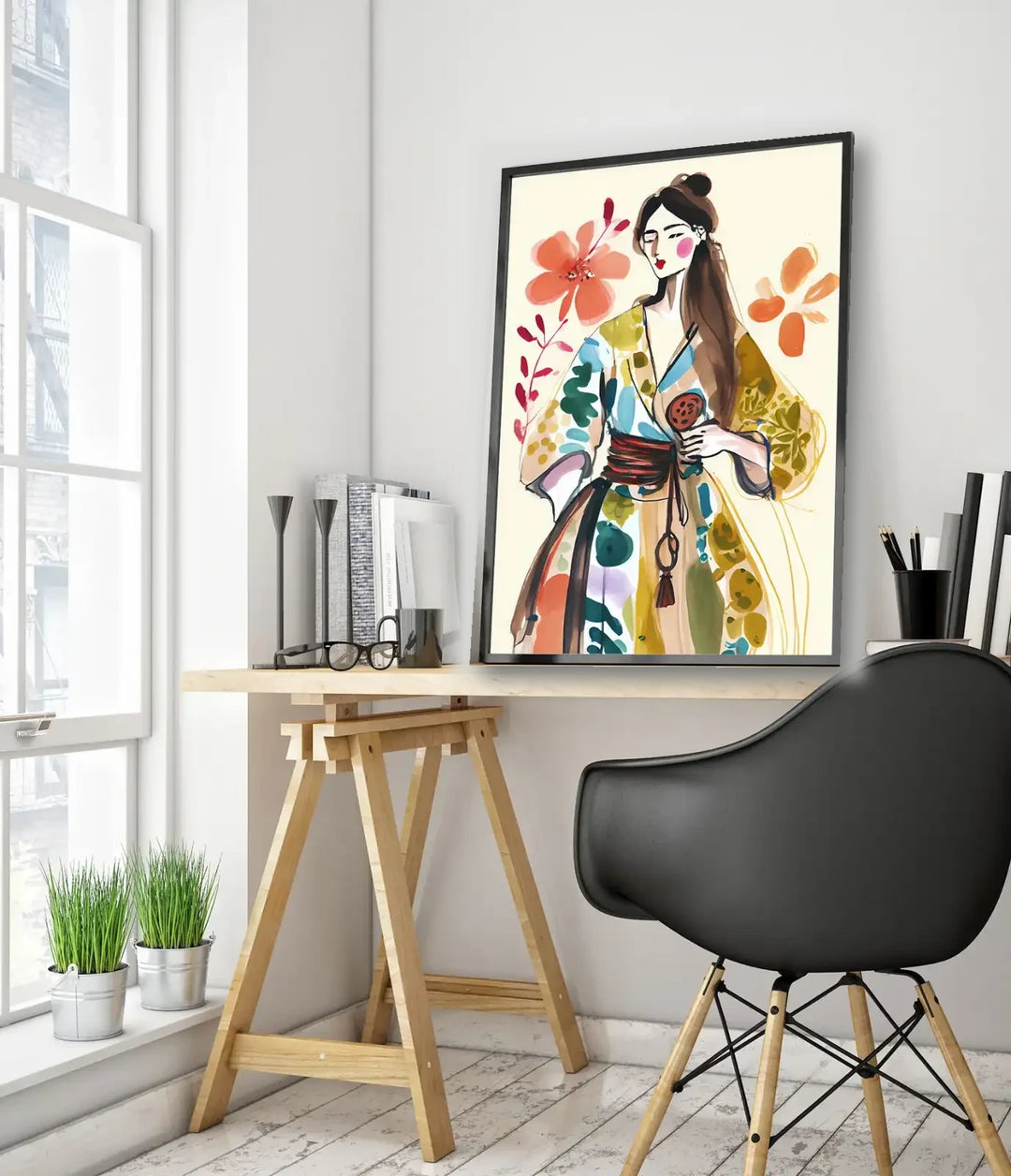Kimono Geisha Watercolour framed wall mockup in a bright workspace